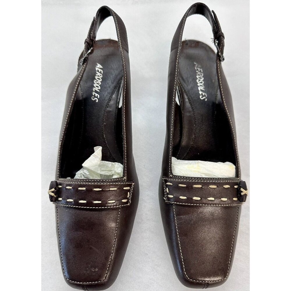 AEROSOLES  Brown Leather Sling Back Heels With Stitching Size 8 M